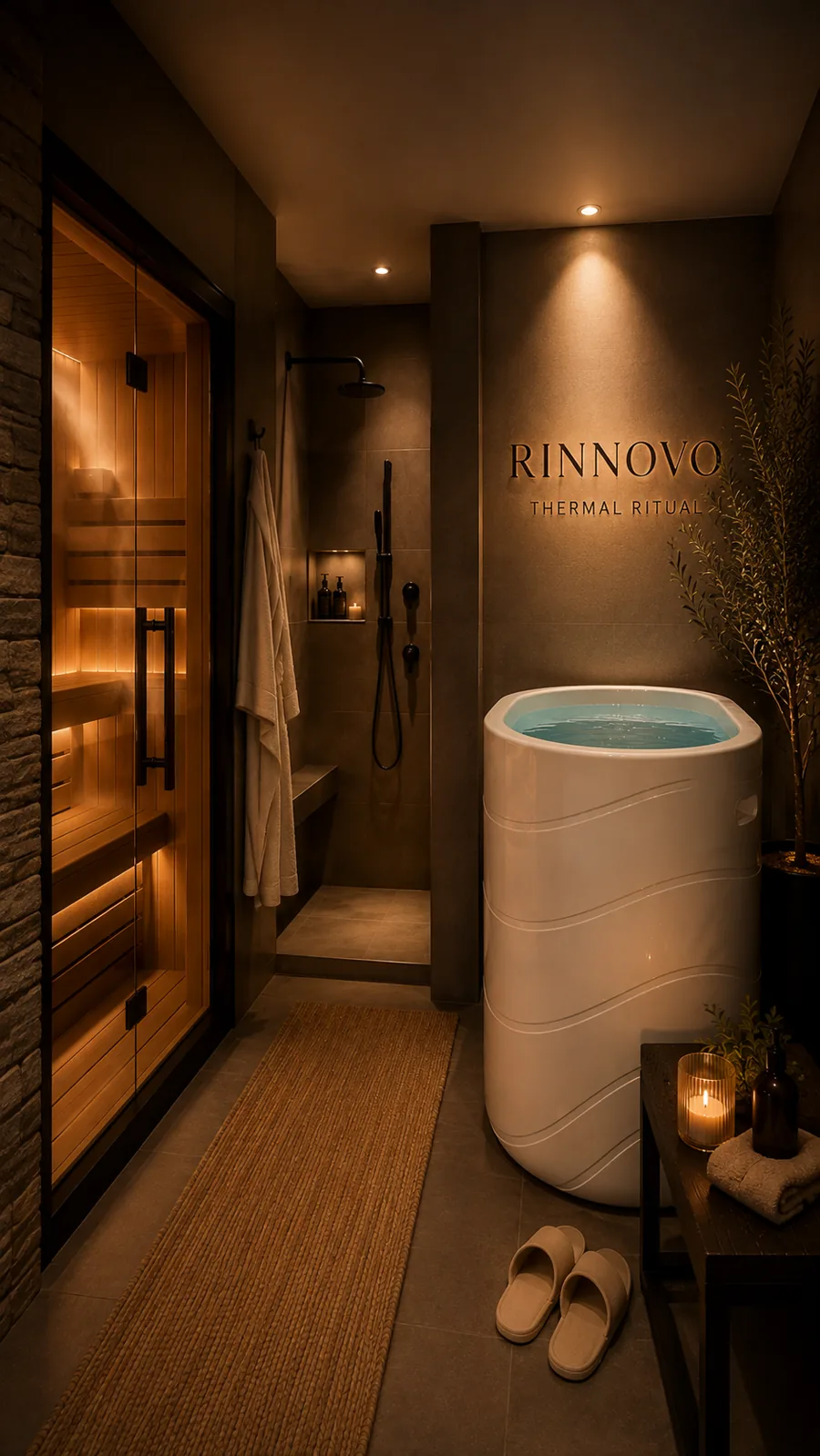 The RINNOVO Thermal Ritual suite in Coeur d’Alene — far-infrared sauna, private shower, and Nordic Wave cold plunge